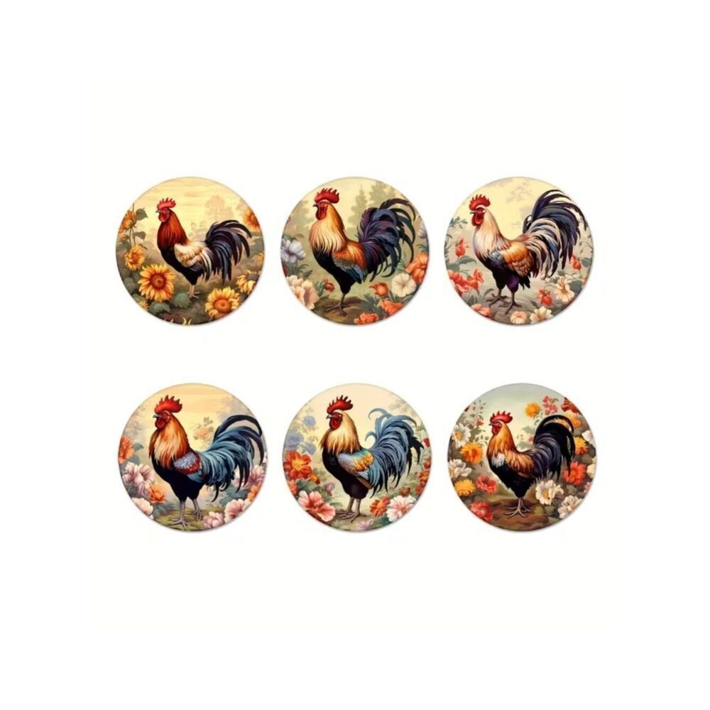NWT Farmhouse Vintage Rooster Floral Round Wood Coasters Set of 6